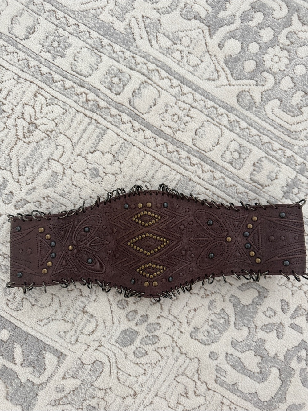 Embroidered Wide Brown Leather Waist Belt with Stud Detail